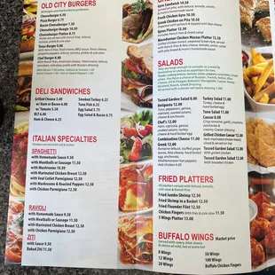 Burgers, deli, Italian and Greek specialties, seafood, salads and wings.