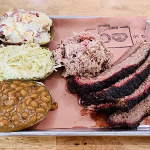1lb brisket, 1/2lb pork, potato salad, slaw, beans