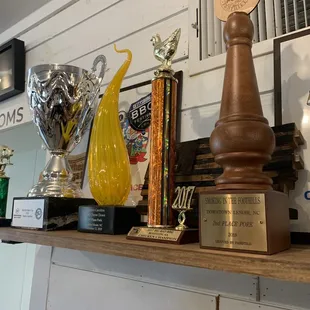 trophies on a shelf