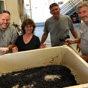 three men and a woman standing in front of a tub of wine