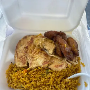Chicken , Yellow Rice w peas, carrots &amp; Sweet plantains