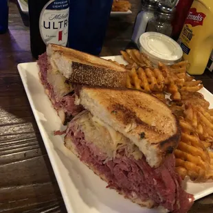 My massive Reuben and waffle fries!