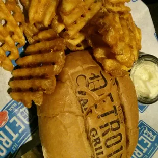 Burger and waffle fries