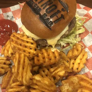 Burger with waffle fries