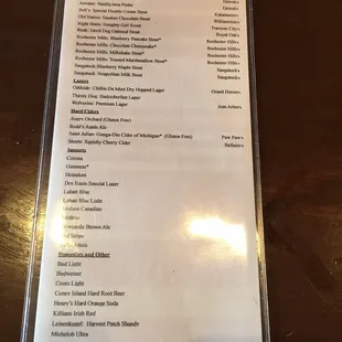 Beer menu