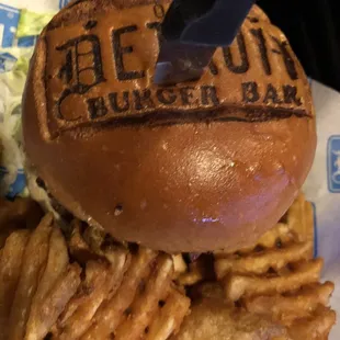 Burger and waffle fries