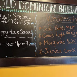 Lunch specials and happy hour days and times as of 9/2023 with Wednesday specials