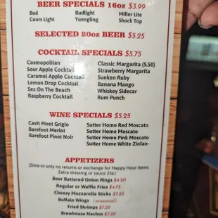 Menu as of December 2022