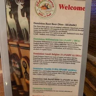 Dominion Beer menu