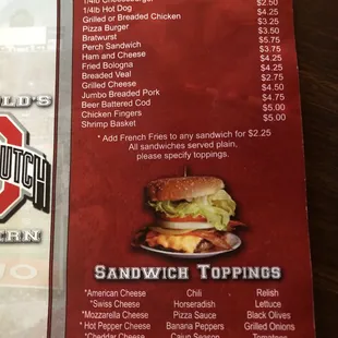 a menu for a sandwich