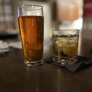 Amber ale(Delicious!) and old fashioned.