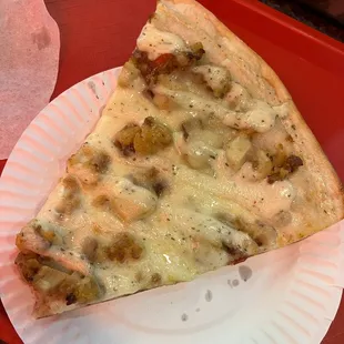 a slice of pizza on a paper plate