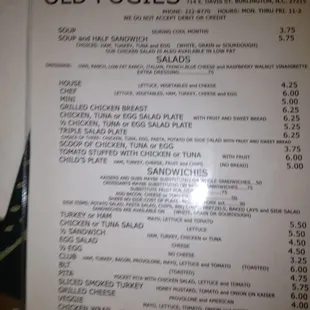 Front page of Old Fogie&apos;s menu.