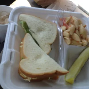 Chicken Salad Sandwich on white bread (untoasted), with Pasta Salad, and a very nice Dill Pickle spear.