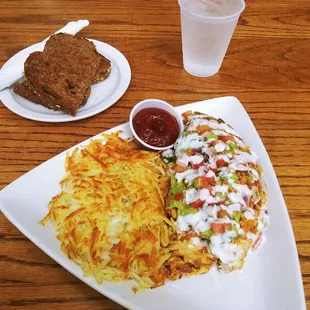 a plate of food and a drink