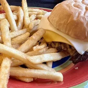 Three-cheese burger and fries