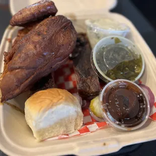 BBQ chicken and St Louis Style Rib Plate w/ greens and Potato Salad