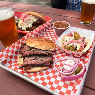 Brisket Samsquanch. Brisket Taco. BBQ Chicken Sandwich. And beer. Duh.
