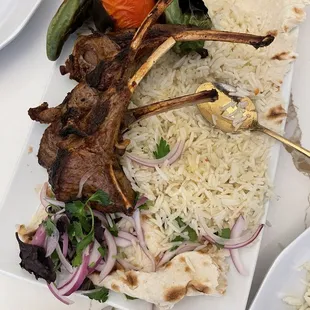 Lamb chops and rice with roasted veggies