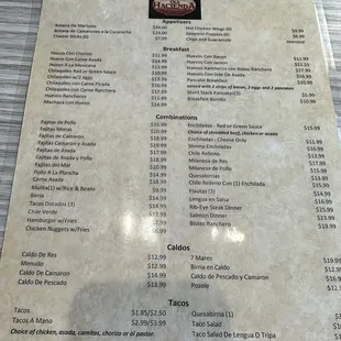 the menu for the restaurant
