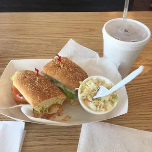 Shrimp Po'boy with cole slaw and sweet tea!