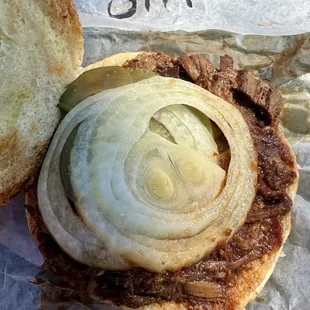 Sliced Mutton Sandwich with pickles and onion.  Much less meat than the Sliced Pork Sandwich.
