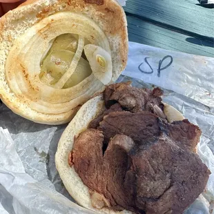 Sliced Pork Sandwich with onions and pickles. Flavorful meat and even better with Sweet Heat Sauce!