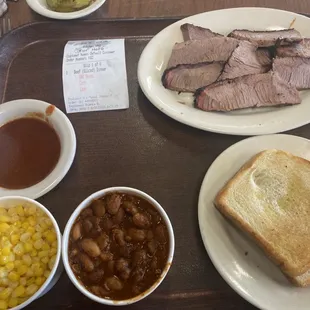 Sliced Brisket with 2 Sides Cut Sweet Corn BBQ Beans