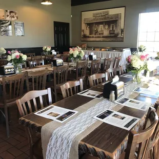 Private room we decorated with burlap, lace and flowers for my mother&apos;s 100th birthday party.