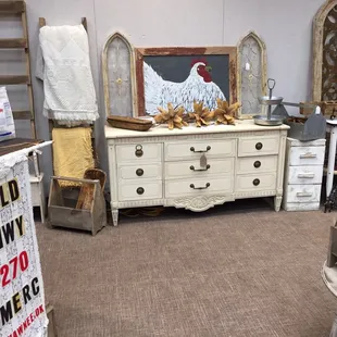 Ruffles &amp; Rust Show, Sep 2017. Painted and distressed dresser, handcrafted ladders and totes.