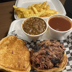BBQ Sandwich with 2 Sides. Got fries and jalapeno beans. Everything was delicious. The chopped beef is dry but I added a bunch of sauce.