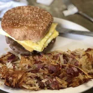 The darlin burger with a side of corned beef hash