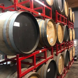 barrels stacked on a rack