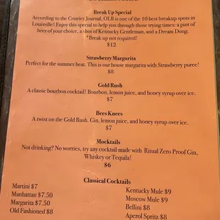 Cocktail menu