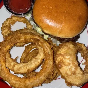 Burger &amp; onion rings