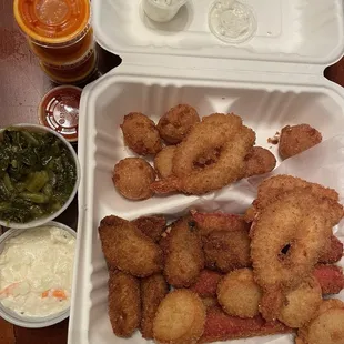 #16 fried shrimp, scallops, oysters, crab &amp; hush puppies. Side of Cole slaw &amp; collard greens