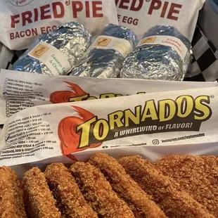 Fried Pies, Big Willies breakfast burritos (local favorite), tornado's and breakfast bars