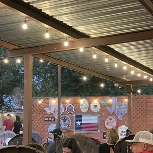 people sitting under a covered patio