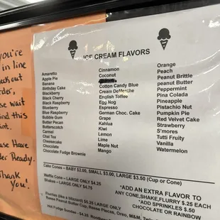 menu for ice cream flavors