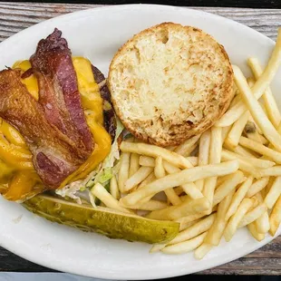 Grass-Fed Beef Pub Burger on GF, soy free toasted bun, pickle and fries