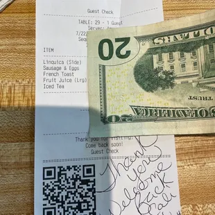 Receipt showing how great the service was here both of the waitresses were so happy.