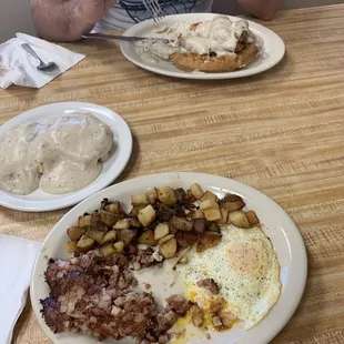 Corned beef hash and eggs, chicken and waffles with house-made gravy