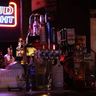 bottles of liquor on a bar counter