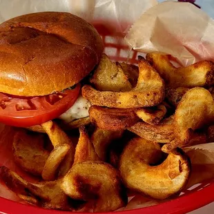 a basket of fries and a burger