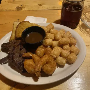 Steak &amp; Shrimp with the tots! +some Duck Pond beer.
