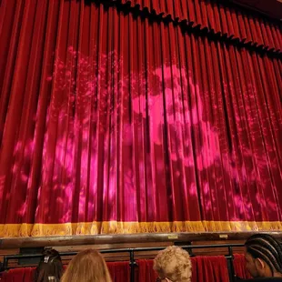 people sitting in front of a red curtain