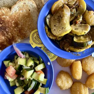 3 veggie Vegetable Plate (cucumber tomato salad, grilled zucchini+yellow squash, corn fritters) come with toast
