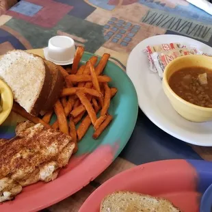 Santa Fe chicken, sweet potato fries, green beans and toast, $10.75. Cup of lentil soup, $3.50