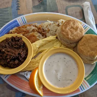 2 eggs scrambled with Joe&apos;s chili and biscuits with gravy.