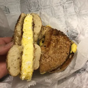 Egg and Swiss on a sesame bagel